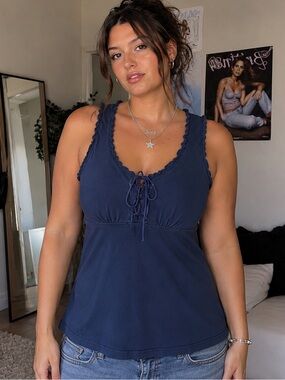 Vintage Dress Barn Navy Blue Y2K Milkmaid Lace Up Ruffle Trim Tank Top Size XL